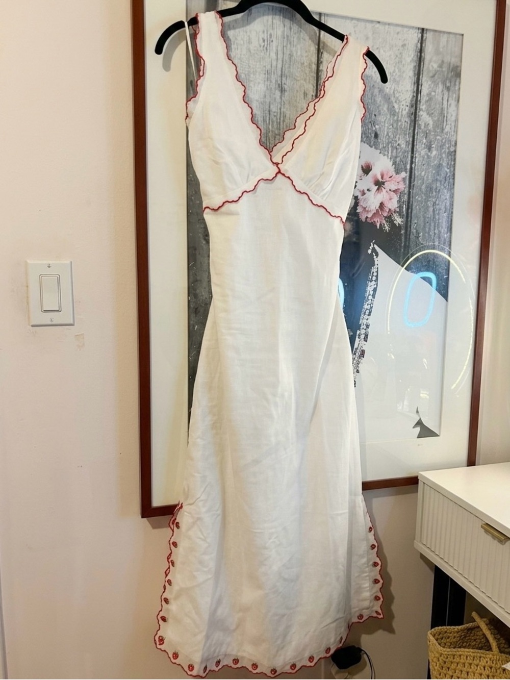 Jacqui E White Maxi Dress with strawberry Red Scallop Trim